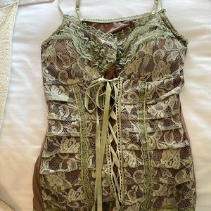 Corset top soft brown knitt and satin inside lining and lace outside with ribbon